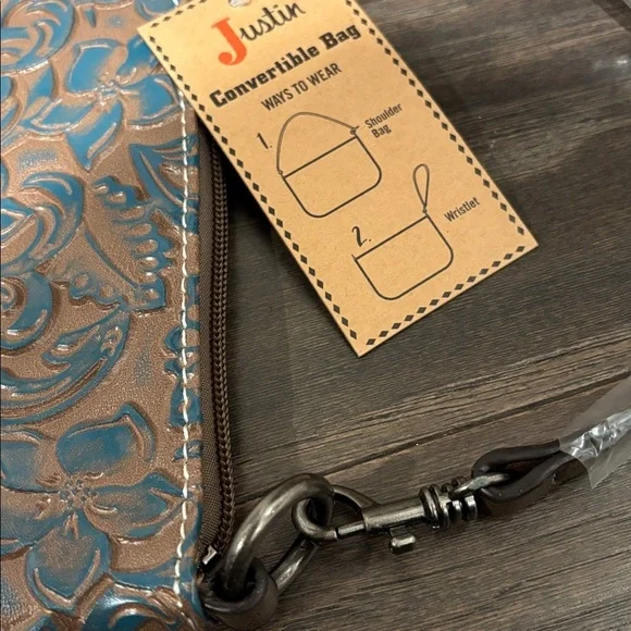 Justin Convertible Shoulder/wristlet bag,zip top,3 card slot,tooled aqua floral - Picture 5 of 5